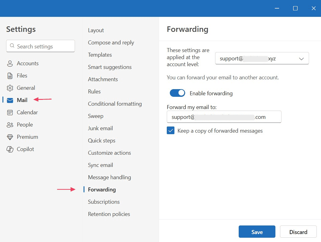 Outlook forwarding settings